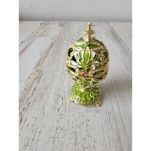 keren kopal? jeweled egg trinket jewelry box‎ green rhinestone gold